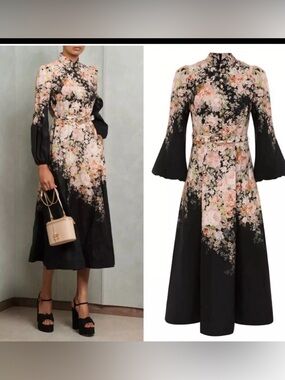 Black Floral High-Neck Midi Dress with Puff Sleeves S/M